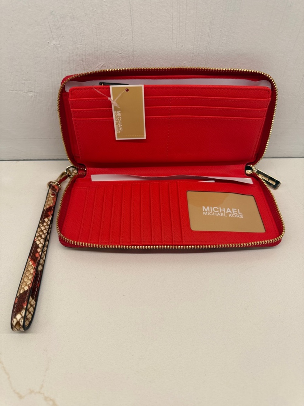 Michael Kors Red and Beige Snake-Print Zip Wristlet - Picture 4 of 6